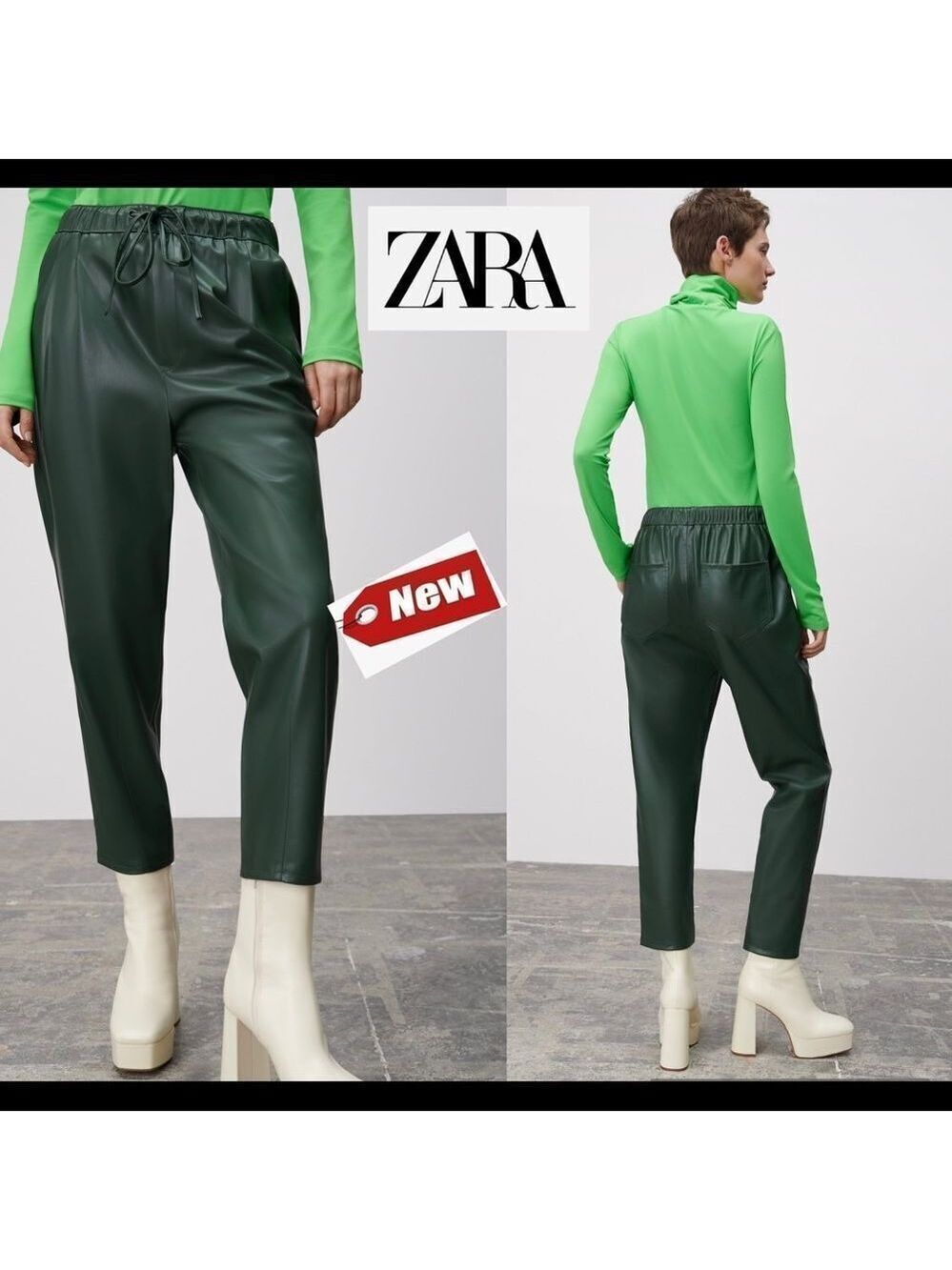 ZARA green faux leather pleather mid rise The Weekend Pants drawstring XXL NWT